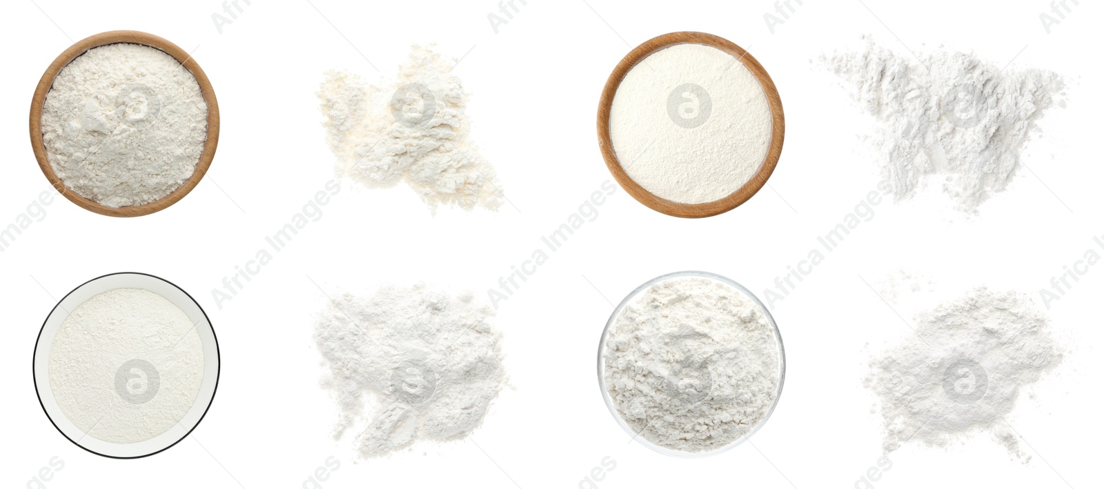 Image of Flour isolated on white, set. Heaps and bowls