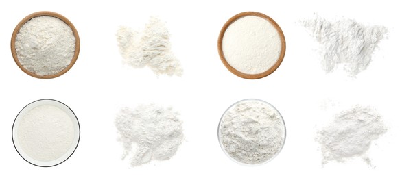 Image of Flour isolated on white, set. Heaps and bowls