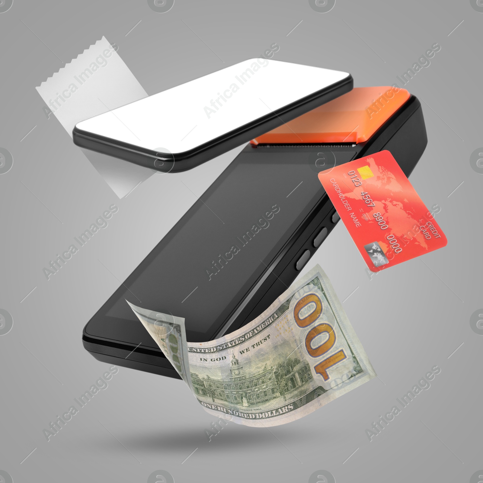 Image of Payment terminal, bank card, dollar, mobile phone and receipt in air on grey background