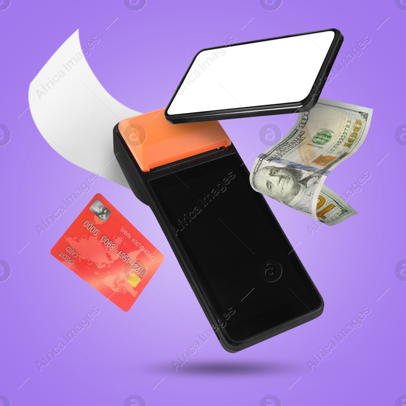 Image of Payment terminal, bank card, dollar, mobile phone and receipt in air on violet background