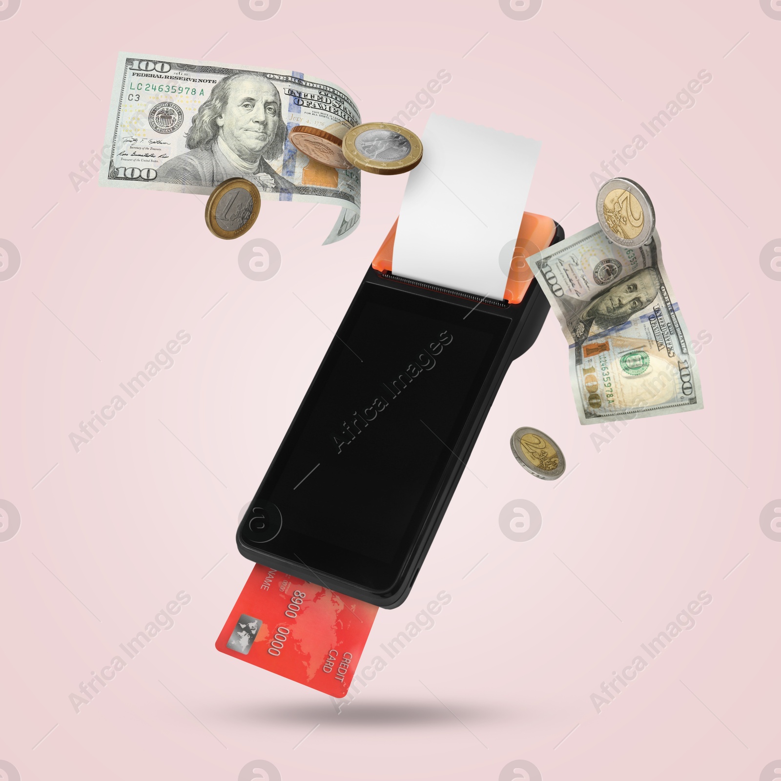 Image of Payment terminal with bank card, receipt, dollars and coins in air on pink background