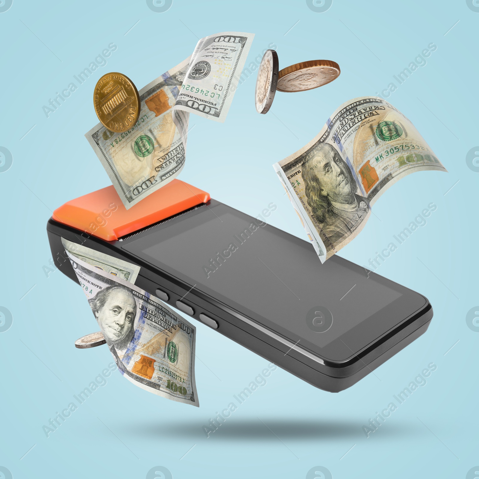 Image of Payment terminal, dollars and coins in air on light blue background