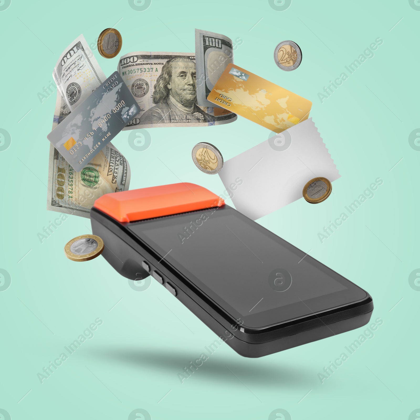 Image of Payment terminal, bank cards, dollars, coins and receipt in air on turquoise background