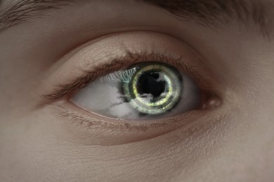 Image of Hypnosis. Hypnotic spiral and clouds in woman's eye, closeup