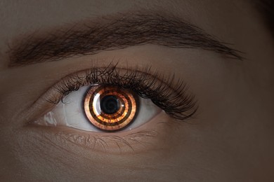 Image of Hypnosis. Hypnotic spiral in woman's eye, closeup