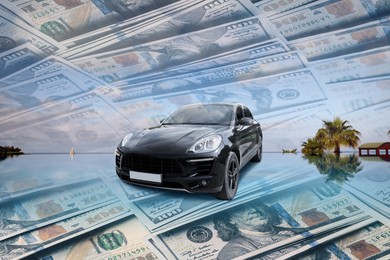 Image of Wealth, luxury life concept. Collage with dollars, modern car and resort