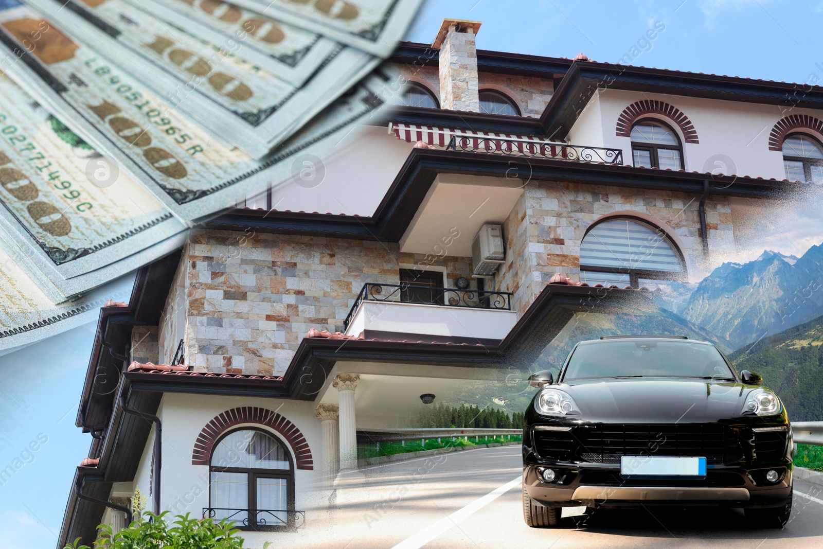 Image of Wealth, luxury life concept. Collage with dollars, modern car and big house