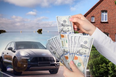 Image of Wealth, luxury life concept. Collage with dollars, modern car, big house and resort