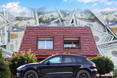 Image of Wealth, luxury life concept. Collage with dollars, modern car and big house