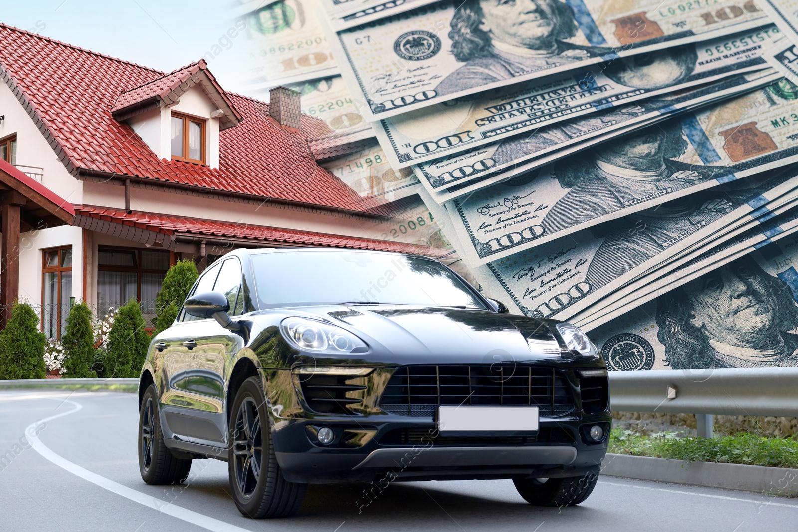 Image of Wealth, luxury life concept. Collage with dollars, modern car and big house