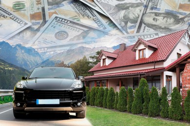 Image of Wealth, luxury life concept. Collage with dollars, modern car and big house