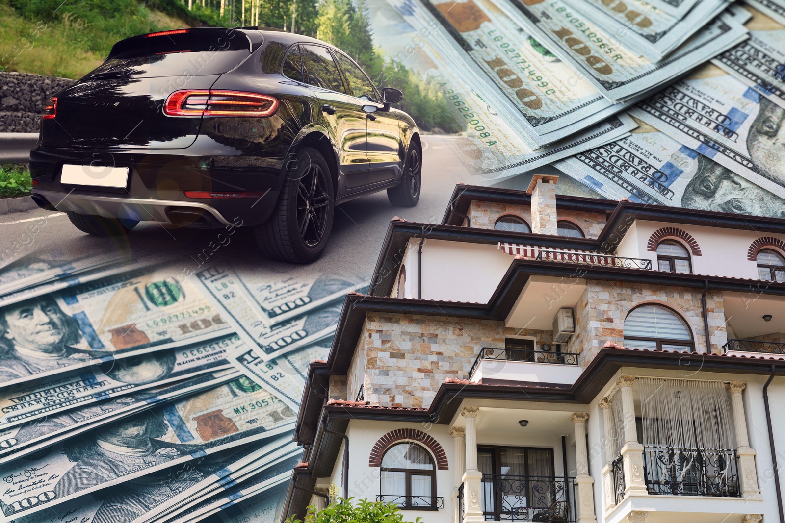 Image of Wealth, luxury life concept. Collage with dollars, modern car and big house