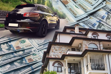 Image of Wealth, luxury life concept. Collage with dollars, modern car and big house