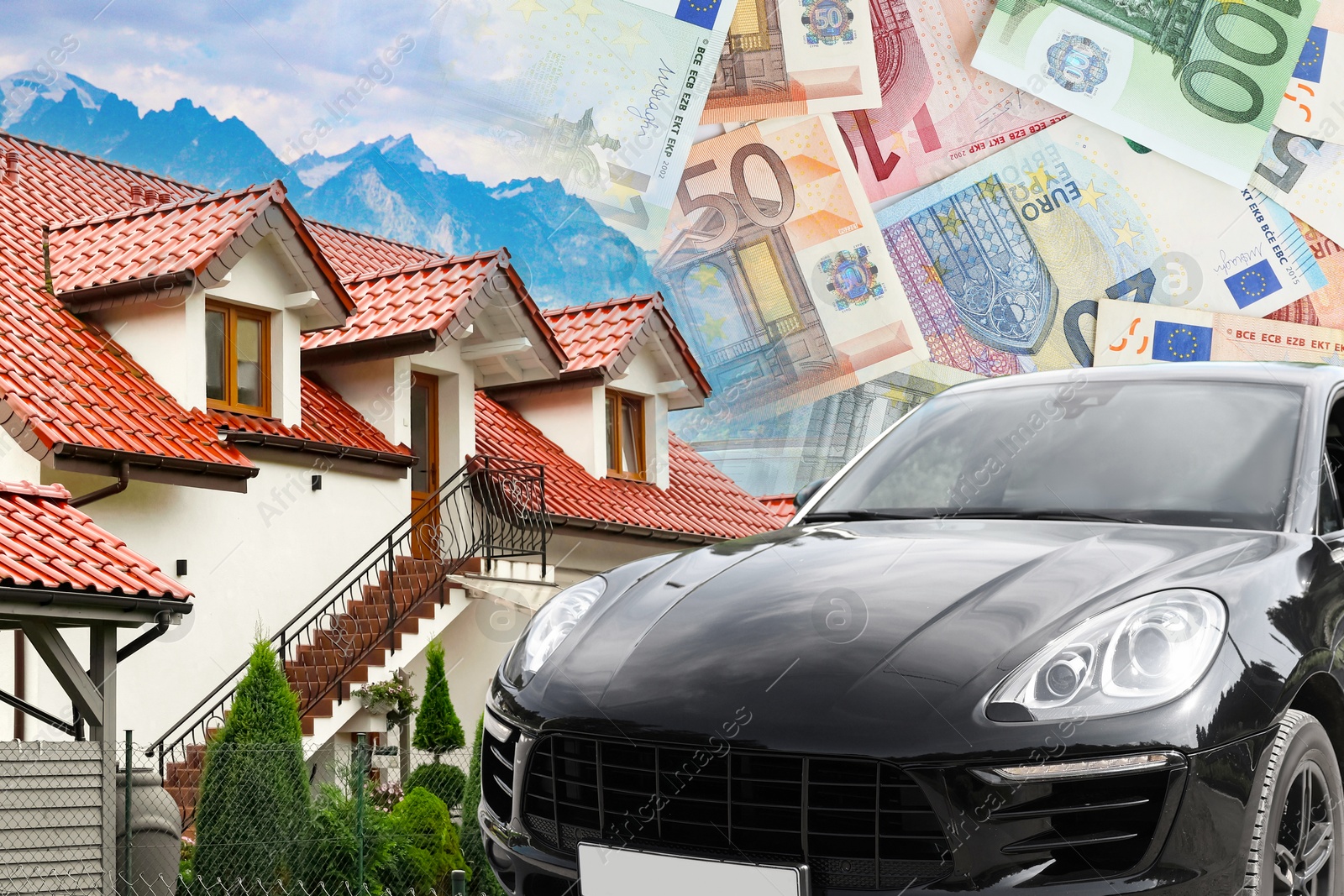 Image of Wealth, luxury life concept. Collage with euro bills, modern car and big house