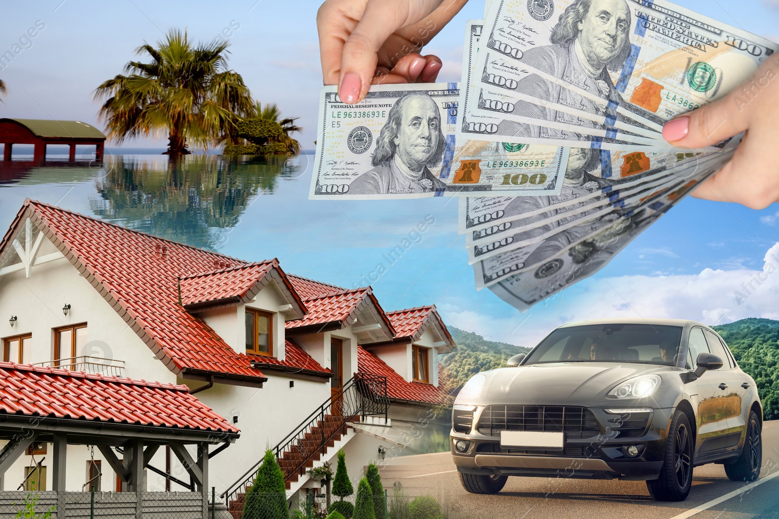 Image of Wealth, luxury life concept. Collage with dollars, modern car, big house and resort