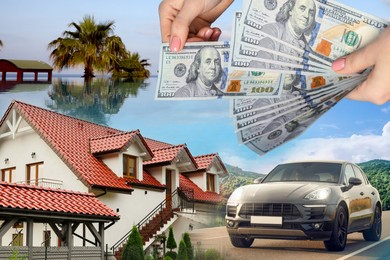 Image of Wealth, luxury life concept. Collage with dollars, modern car, big house and resort