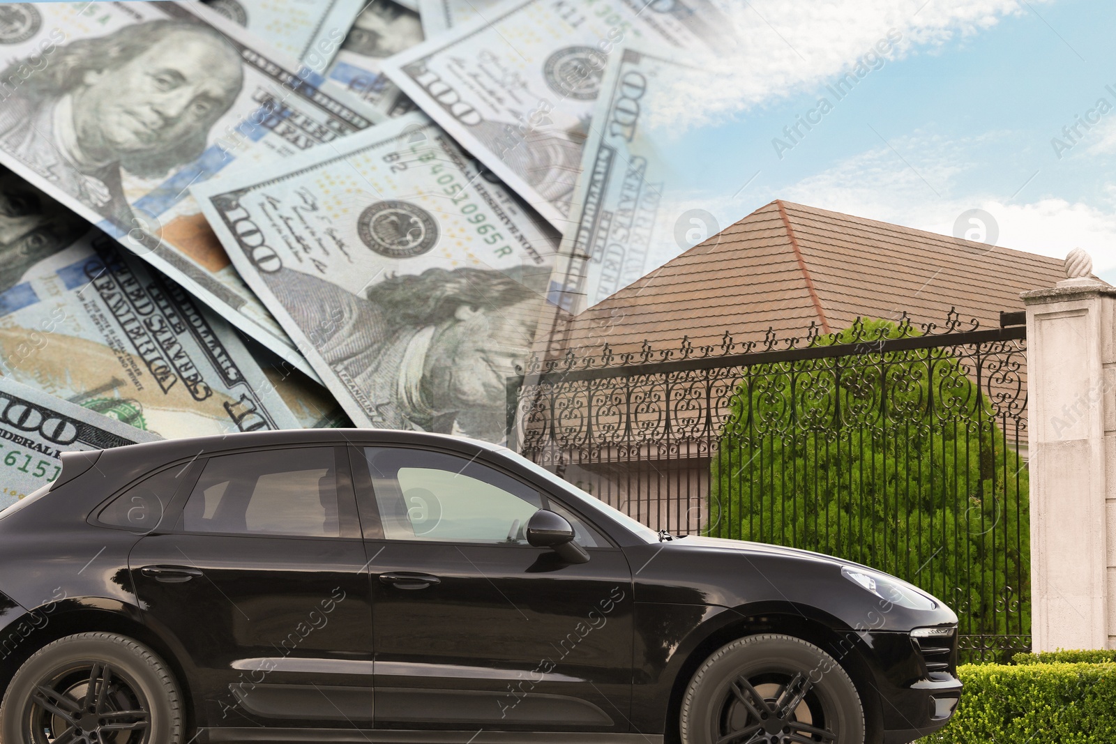 Image of Wealth, luxury life concept. Collage with dollars, modern car and big house