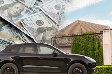 Image of Wealth, luxury life concept. Collage with dollars, modern car and big house