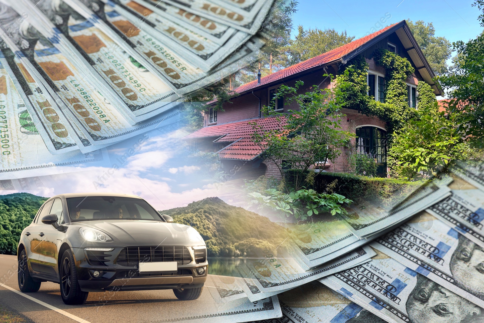 Image of Wealth, luxury life concept. Collage with dollars, modern car and big house