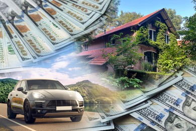 Image of Wealth, luxury life concept. Collage with dollars, modern car and big house