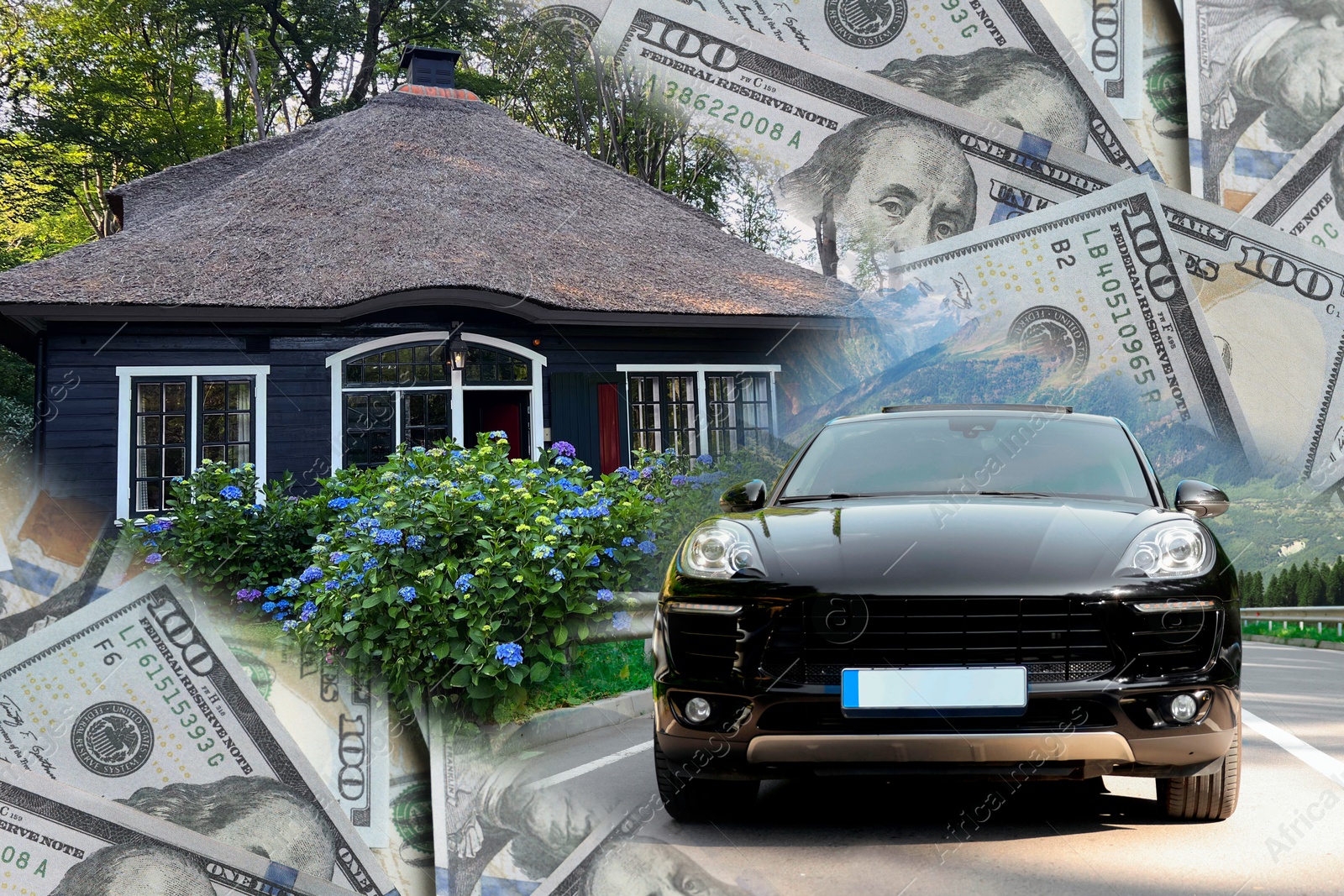 Image of Wealth, luxury life concept. Collage with dollars, modern car and big house