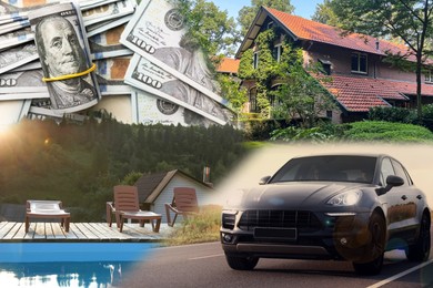 Image of Wealth, luxury life concept. Collage with dollars, modern car, big house and resort