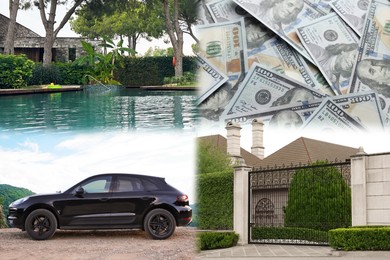 Image of Wealth, luxury life concept. Collage with dollars, modern car, big house and resort