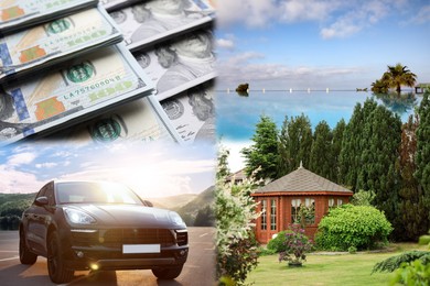 Image of Wealth, luxury life concept. Collage with dollars, modern car, big house and resort