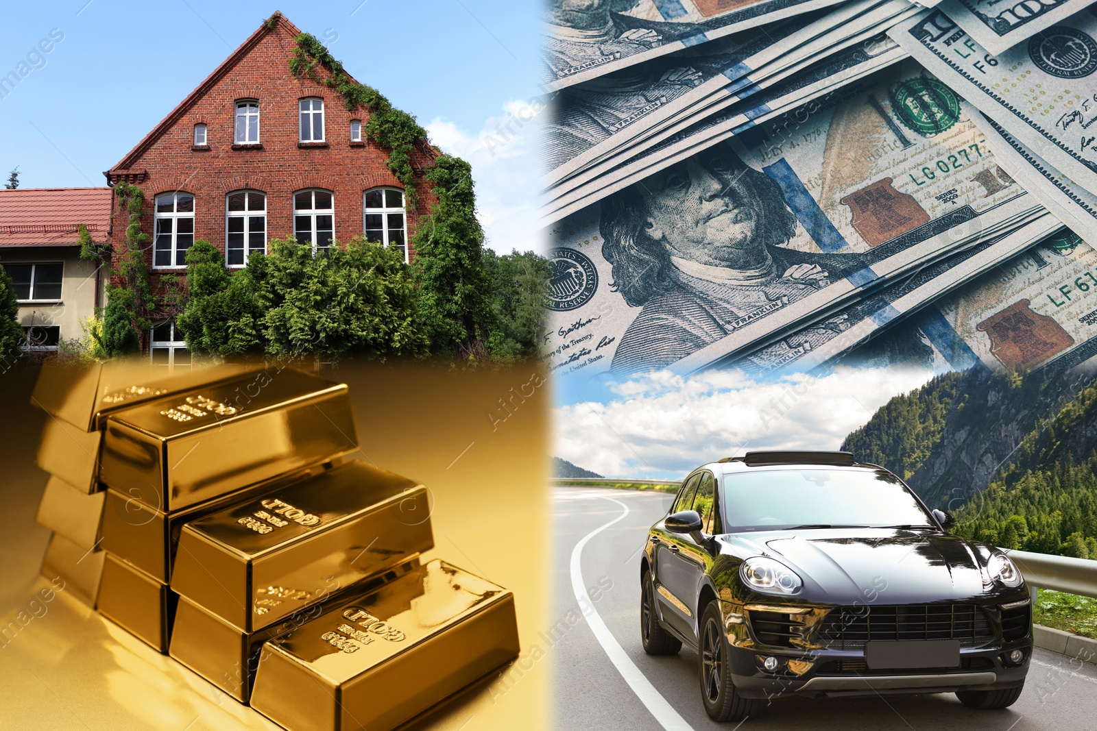 Image of Wealth, luxury life concept. Collage with dollars, modern car, big house and gold bars