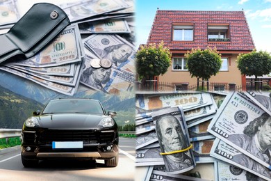 Image of Wealth, luxury life concept. Collage with dollars, modern car and big house