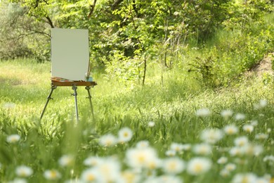 Photo of Easel with blank canvas and painting equipment in picturesque countryside