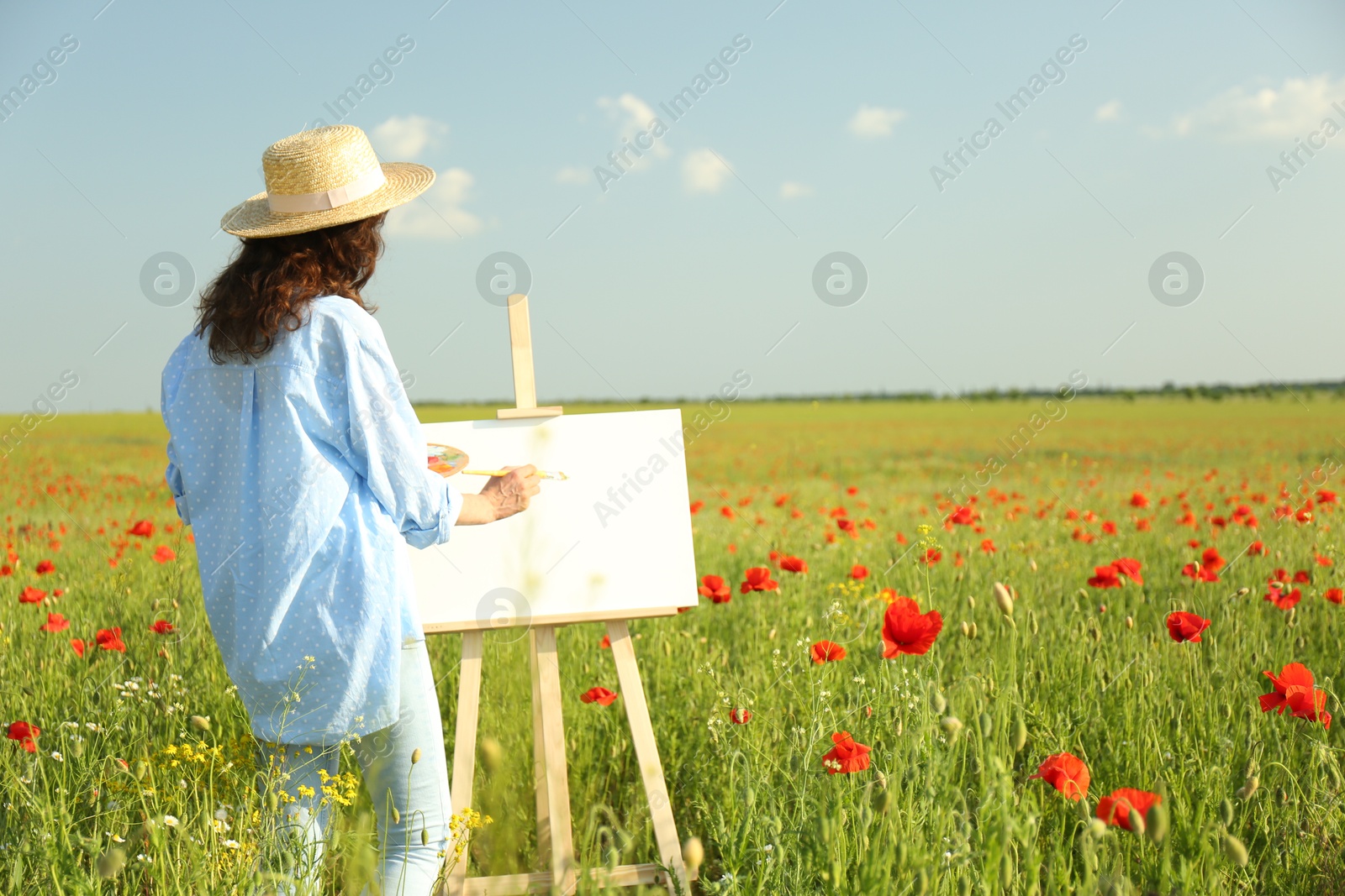 Photo of Woman painting on easel in beautiful poppy field, back view