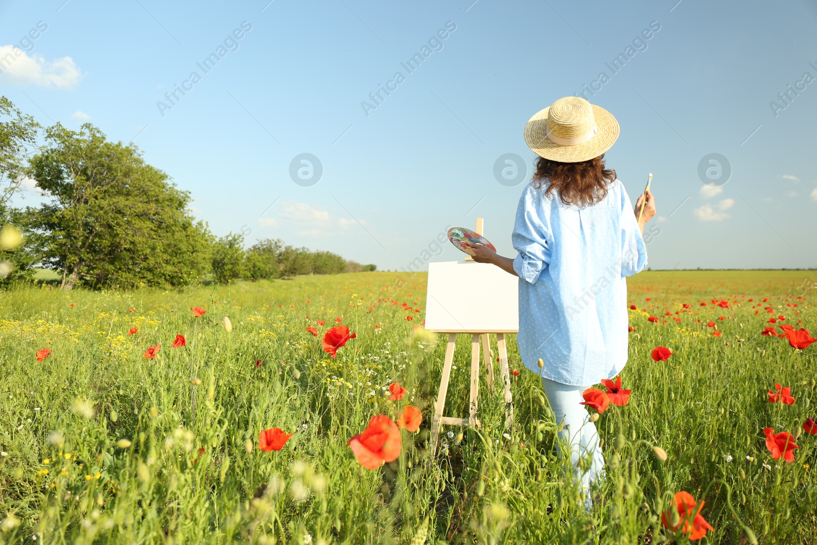 Photo of Woman painting on easel in beautiful poppy field, back view