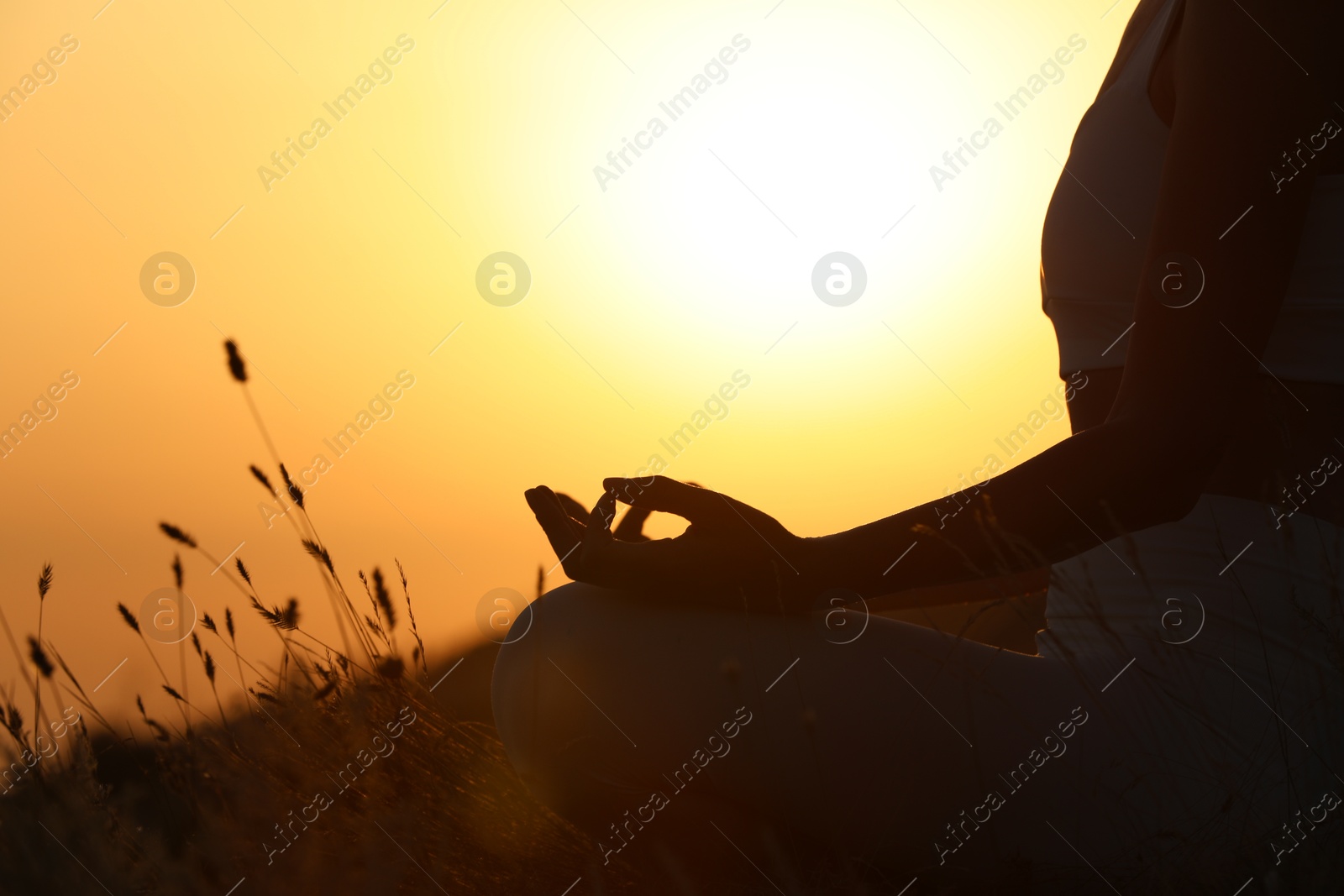 Photo of Silhouette of woman meditating outdoors at sunset, closeup. Space for text