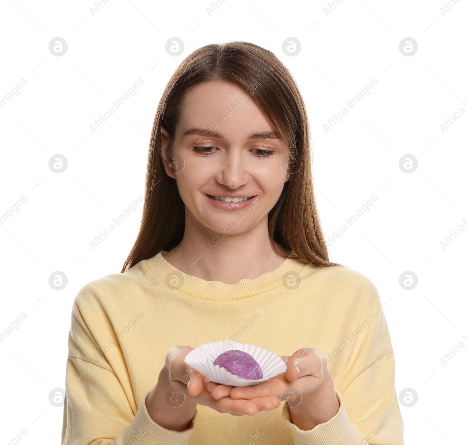 Photo of Woman with tasty mochi on white background