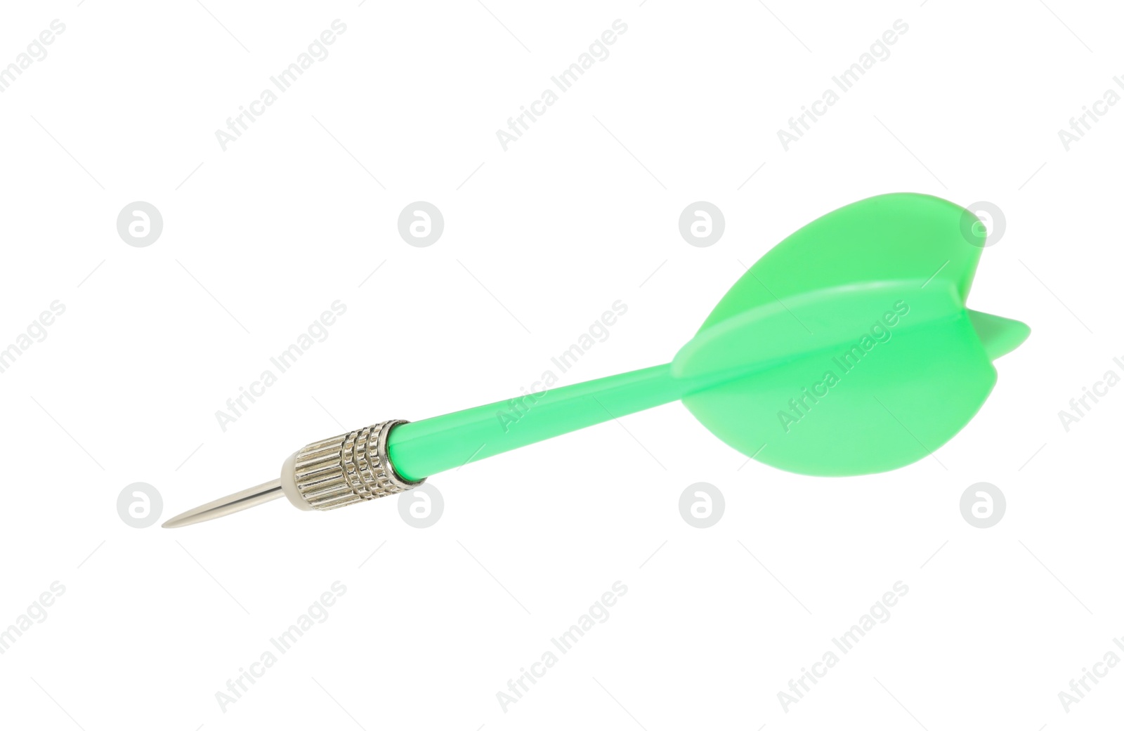 Photo of One green dart arrow in air isolated on white, above view