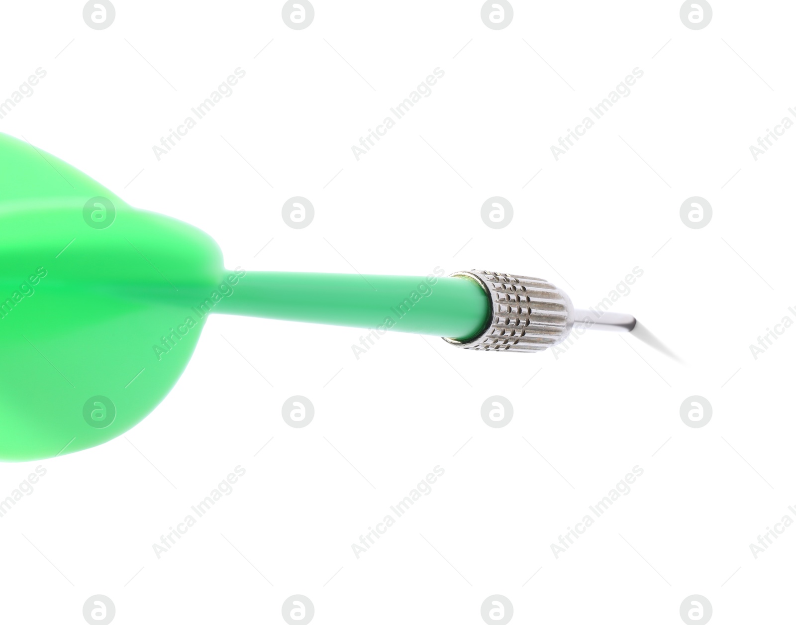 Photo of One green dart arrow in air isolated on white