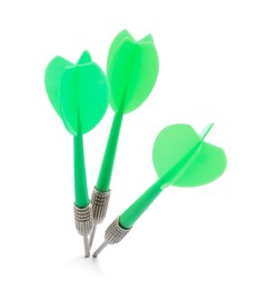 Photo of Green dart arrows isolated on white. Sports equipment