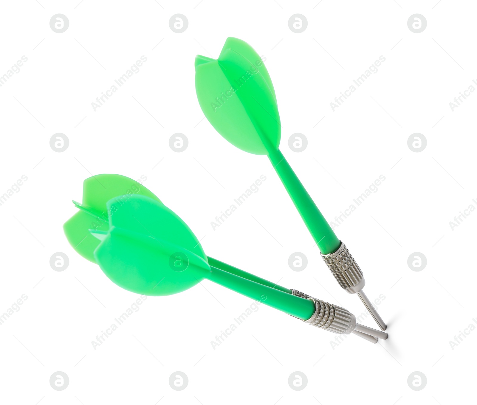 Photo of Green dart arrows isolated on white. Sports equipment