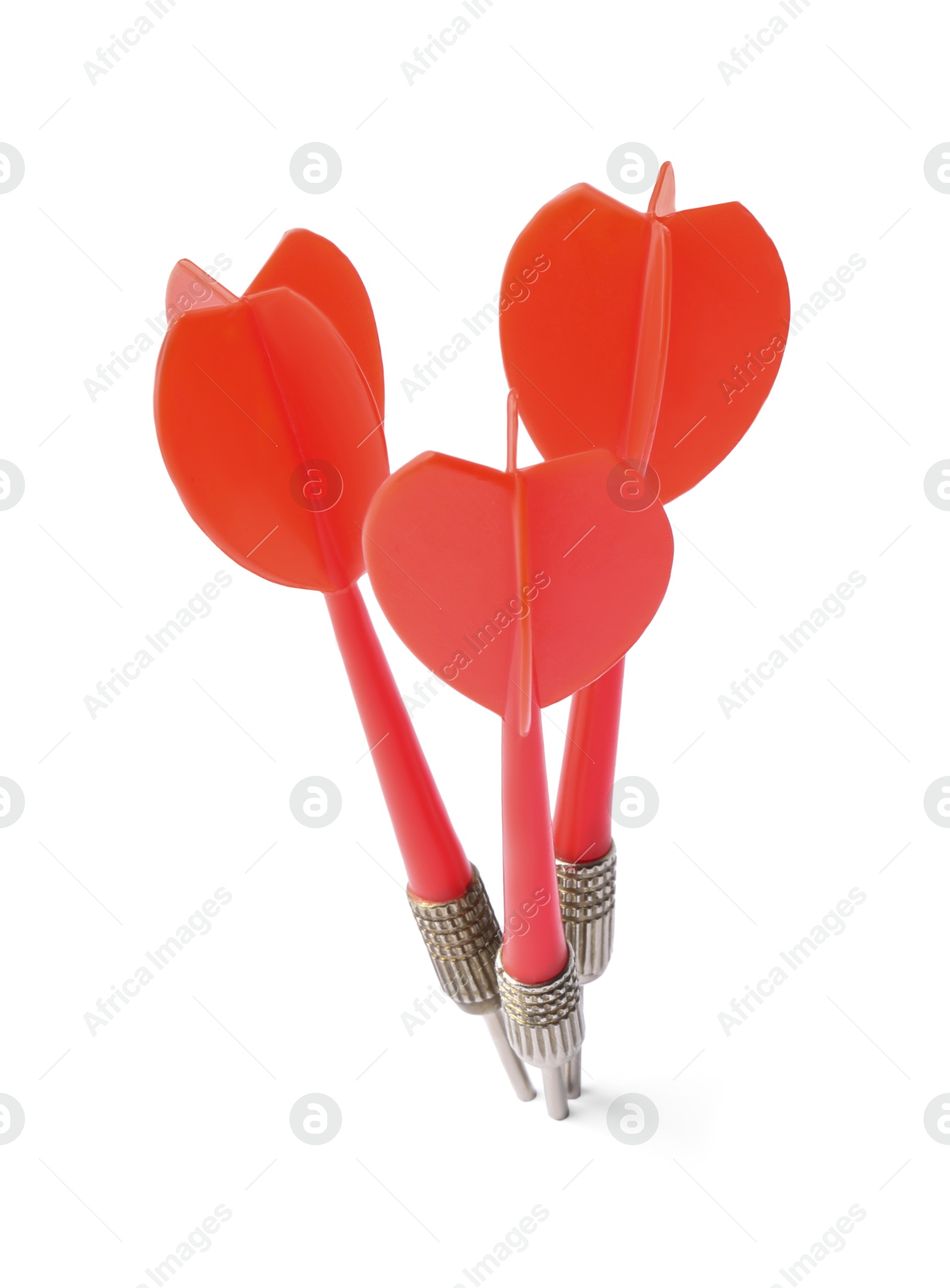 Photo of Red dart arrows isolated on white. Sports equipment