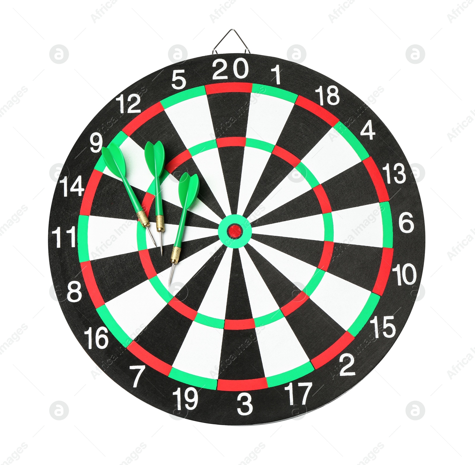 Photo of Dartboard and arrows isolated on white, top view. Sports equipment