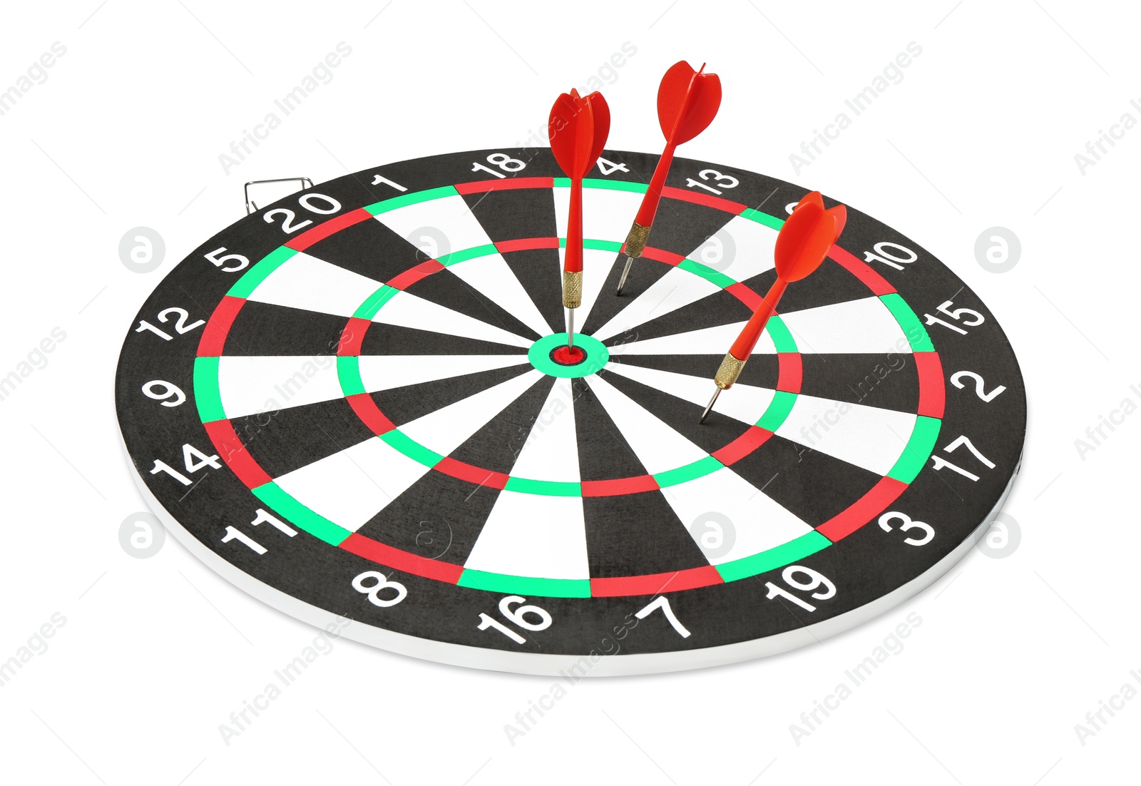 Photo of Dart board with red arrows hitting target isolated on white