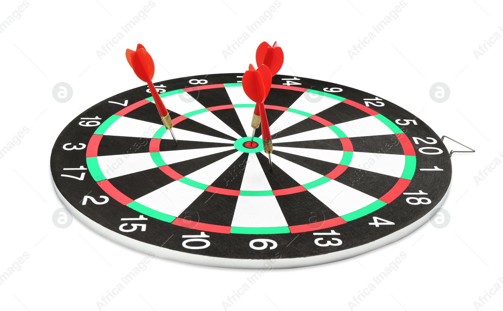 Photo of Dart board with red arrows hitting target isolated on white