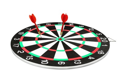 Photo of Dart board with red arrows hitting target isolated on white