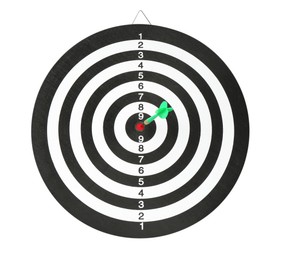 Photo of Dart board with green arrow hitting target isolated on white