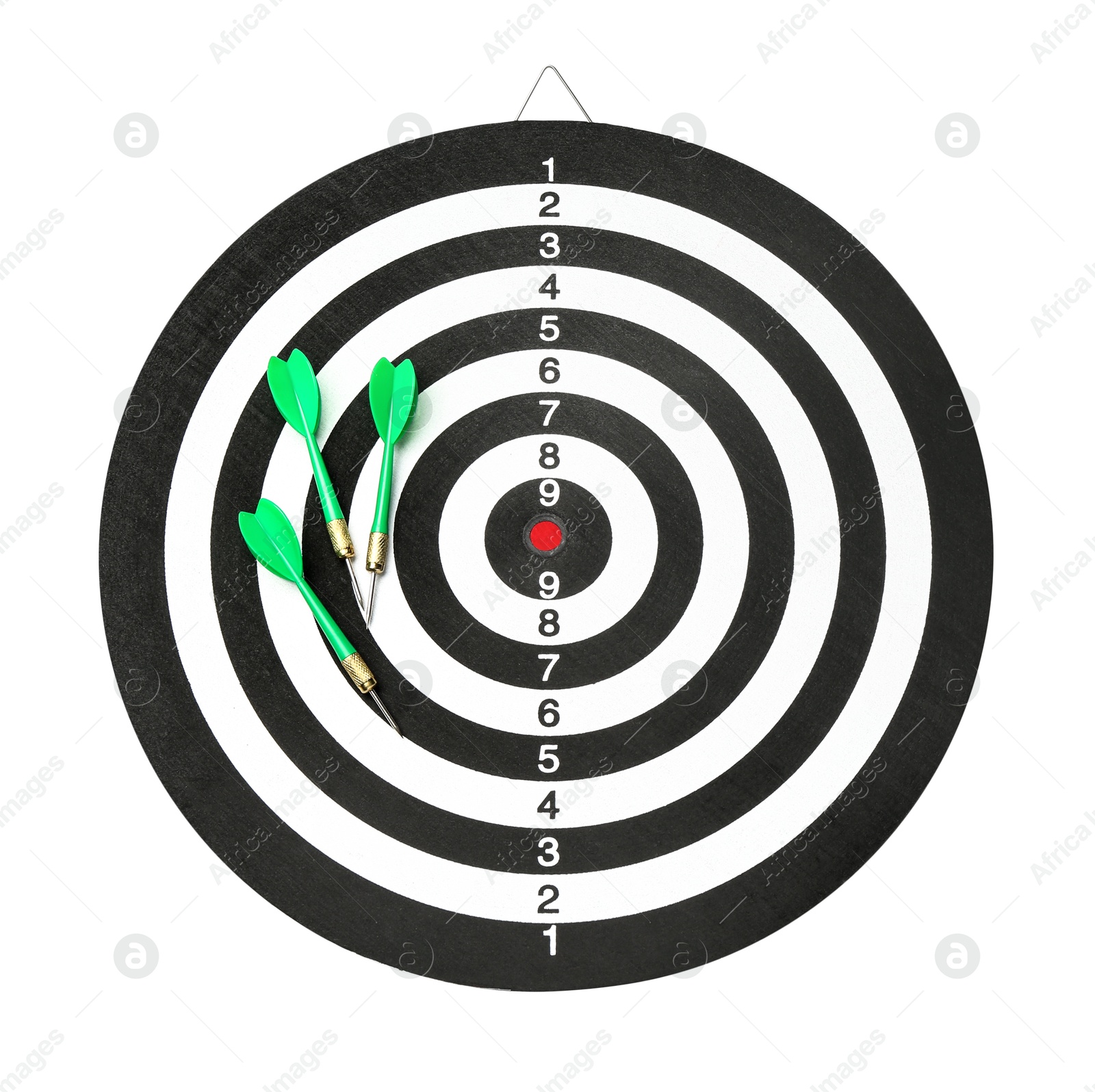 Photo of Dart board with green arrows isolated on white, top view