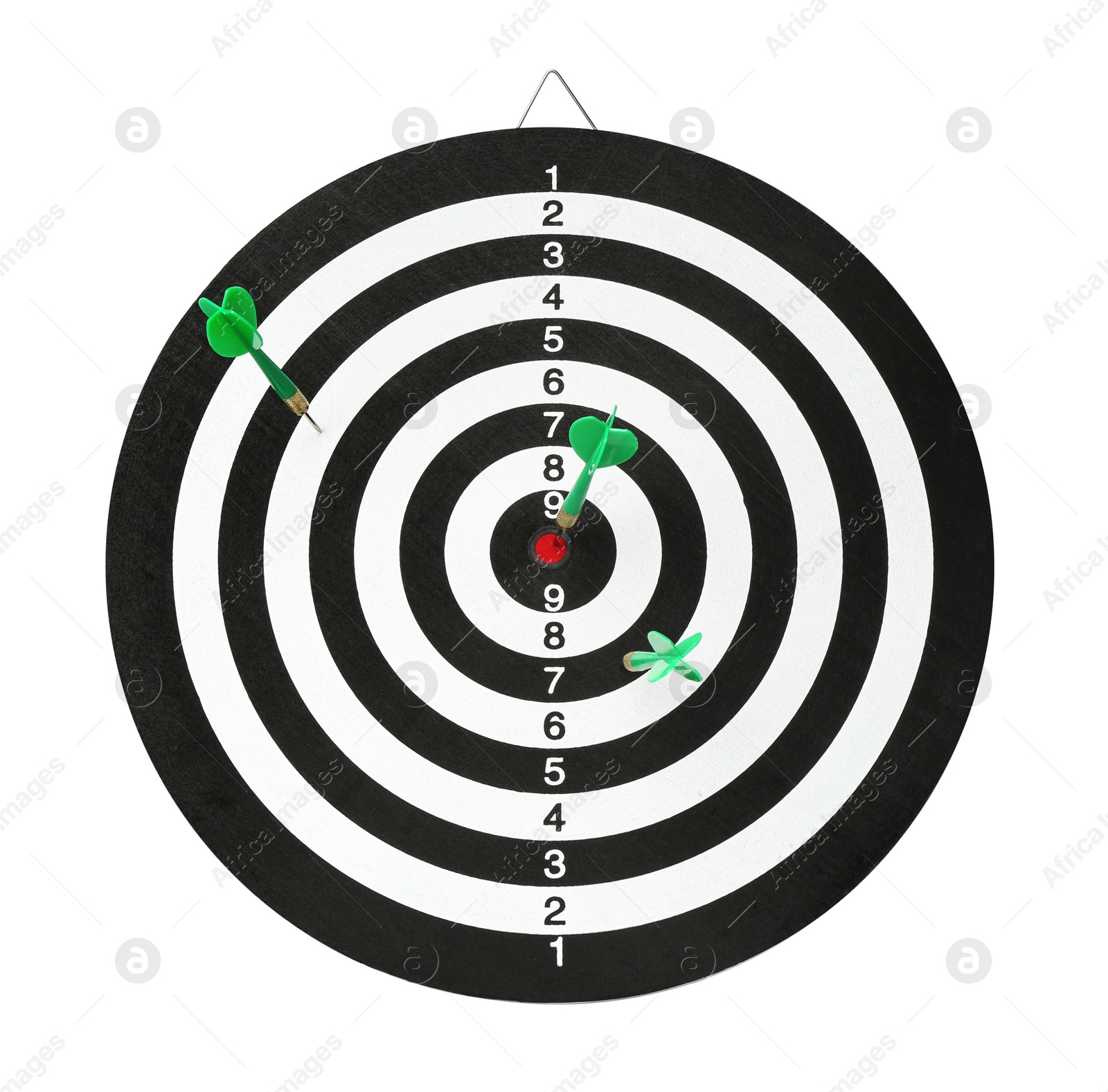 Photo of Dart board with green arrows isolated on white, top view