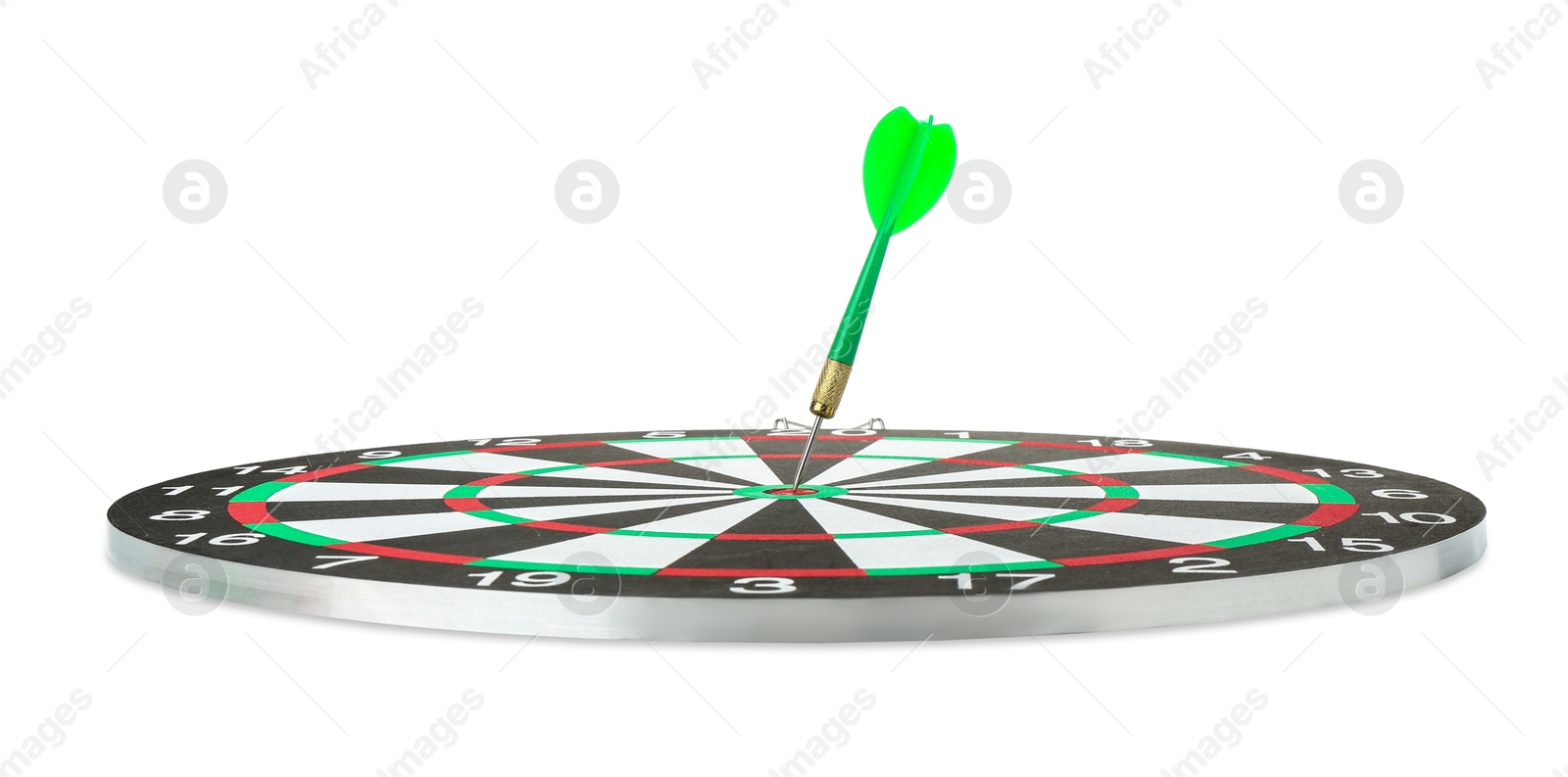 Photo of Dart board with green arrow isolated on white