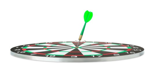 Photo of Dart board with green arrow isolated on white