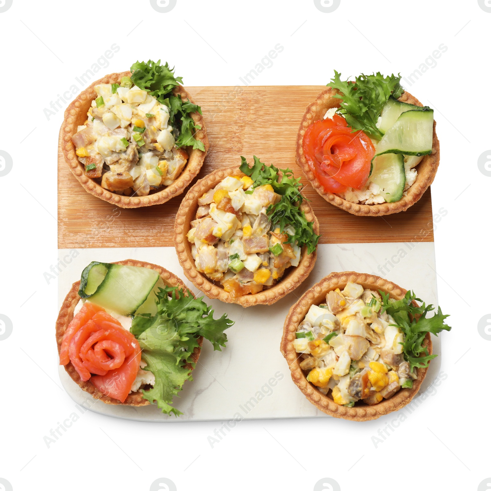 Photo of Tartlets with delicious fillings isolated on white, top view